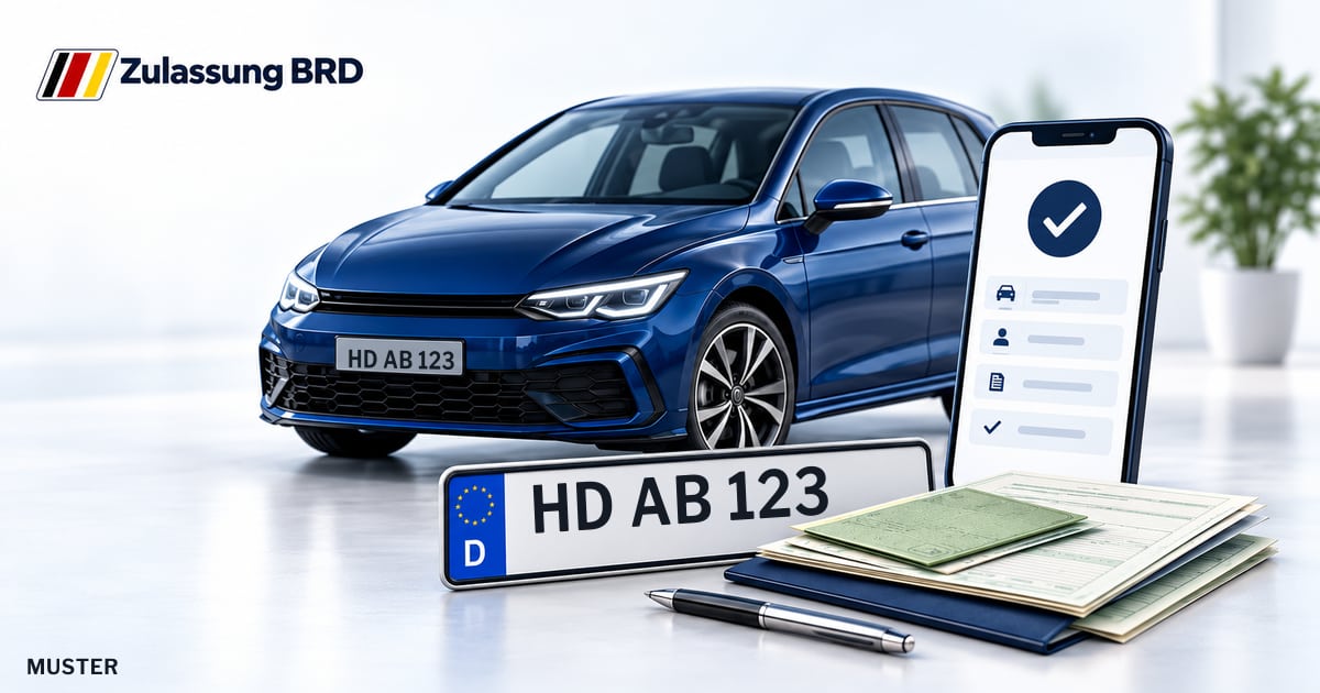 Online Fahrzeugzulassung in Eberbach: Musterkennzeichen HD AB 123, Auto und Fahrzeugpapiere und Smartphone. Illustration mit Logo von Zulassung BRD.